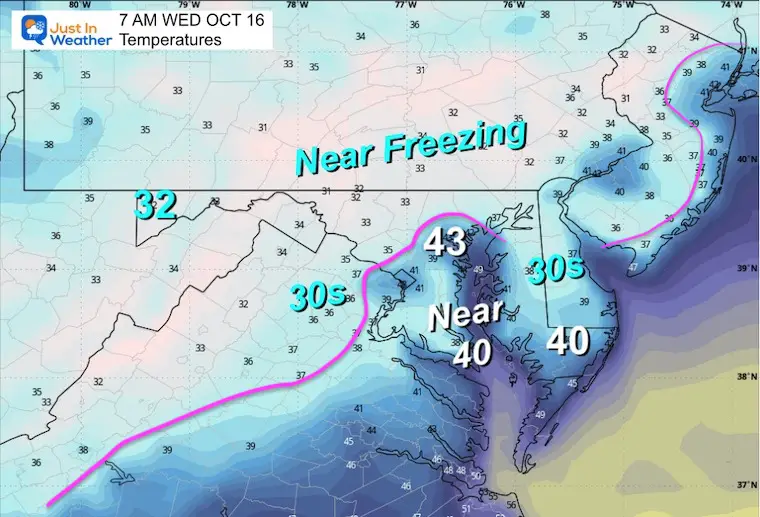 October 15 weather temperatures frost Wednesday morning