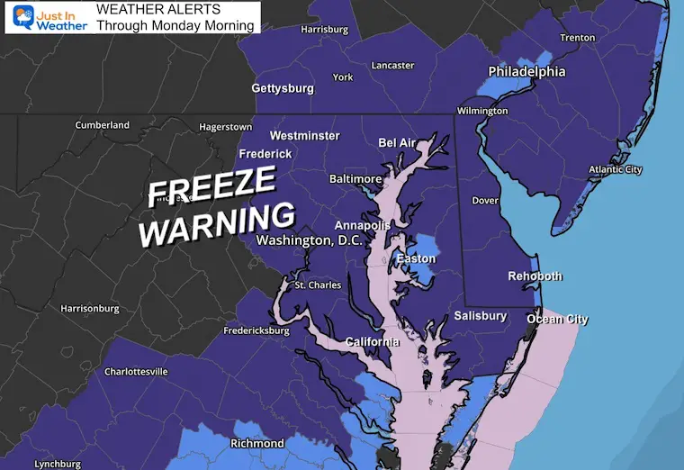 October 27 weather Freeze Warning Monday morning