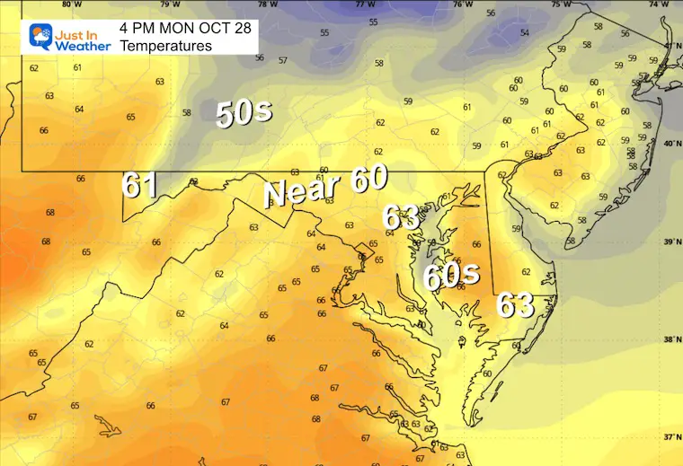 October 27 weather temperatures Monday afternoon