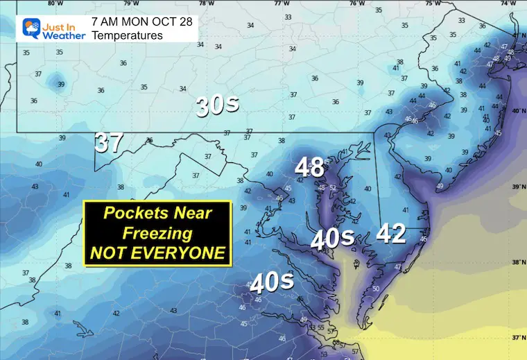 October 27 weather temperatures Monday morning