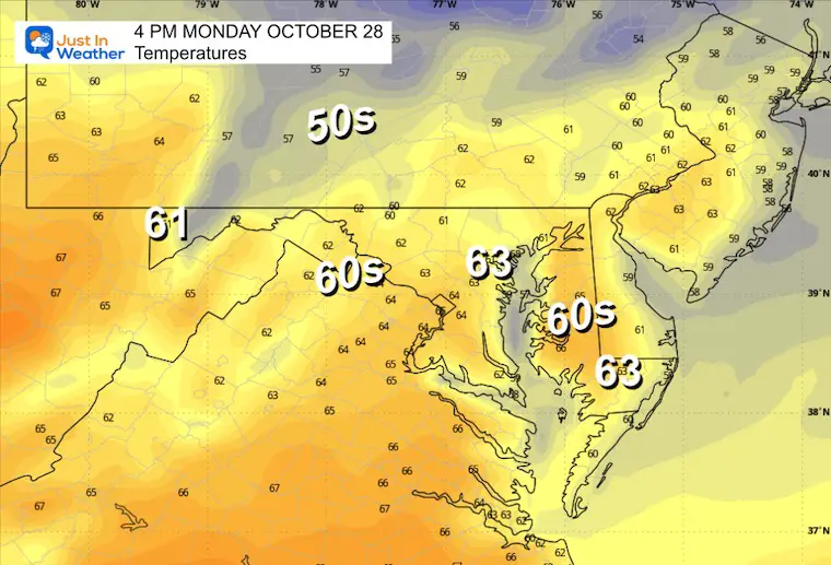 October 28 weather temperatures Monday afternoon