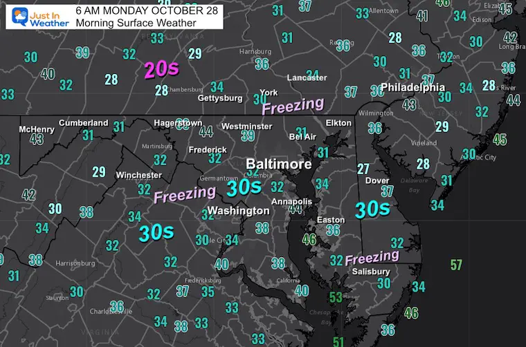 October 28 weather temperatures Monday morning