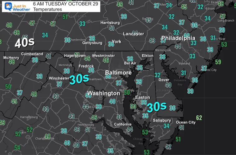 October 29 weather temperatures Tuesday morning