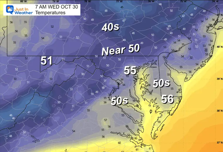 October 29 weather temperatures Wednesday morning