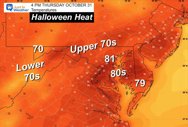 October 30 weather temperatures Halloween Thursday afternoon