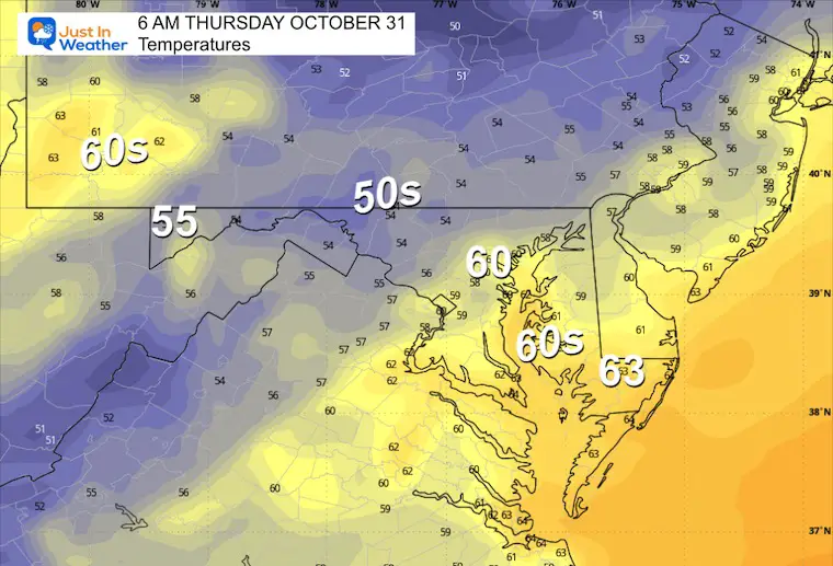 October 30 weather temperatures Halloween Thursday morning