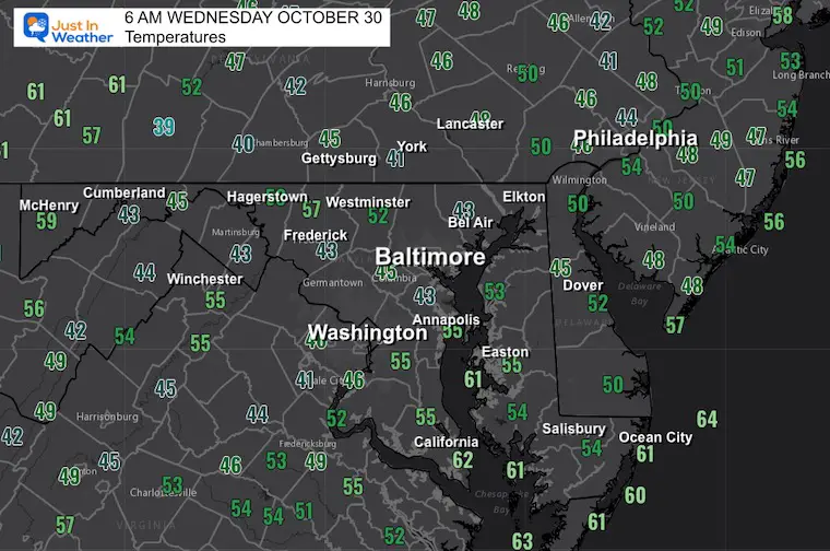 October 30 weather temperatures Wednesday morning