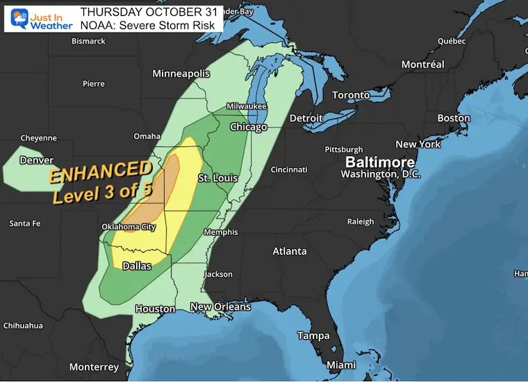 October 31 weather NOAA severe storm risk Halloween