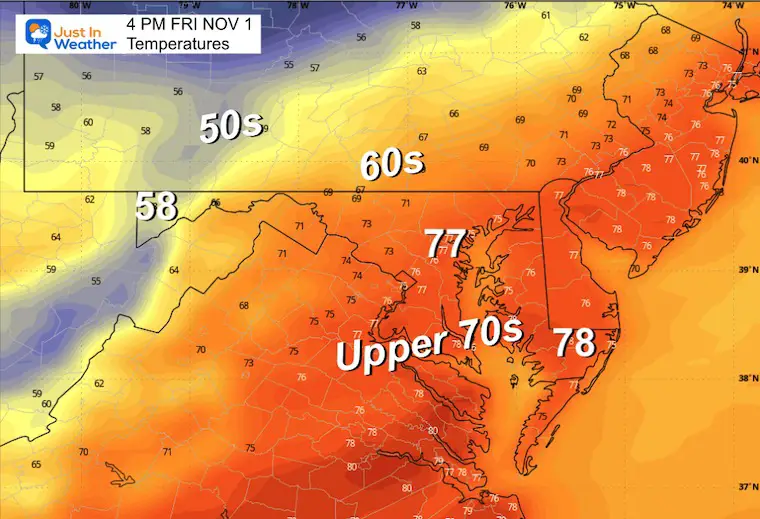 October 31 weather temperatures Friday afternoon