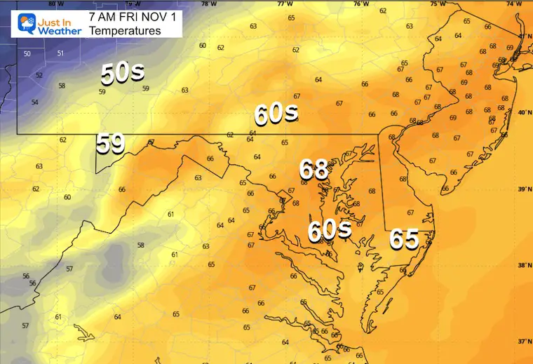 October 31 weather temperatures Friday morning