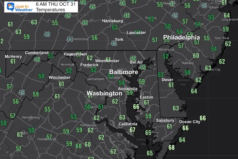 October 31 weather temperatures Halloween Thursday morning