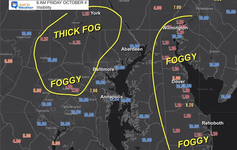 October 4th weather Friday morning visibility fog