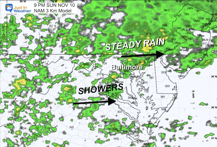 November 10 weather rain radar Sunday night