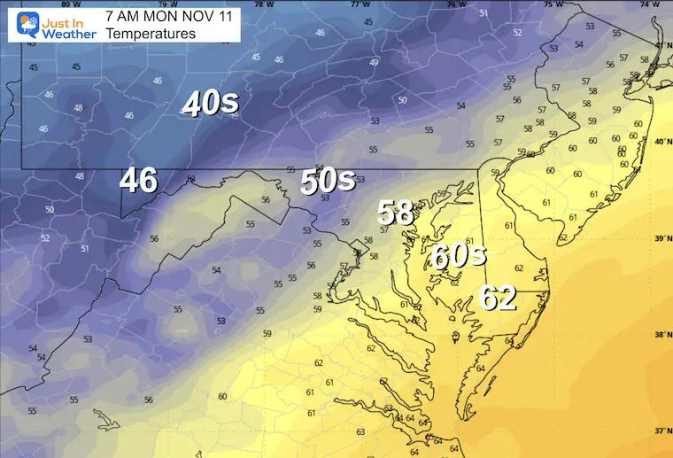 November 10 weather temperatures Monday morning