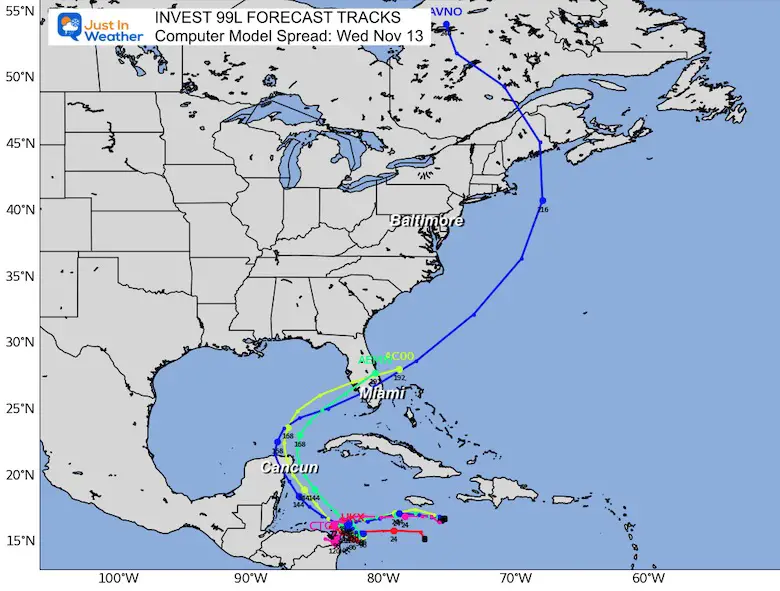 November 13: Invest 99L Model Forecast Tracks