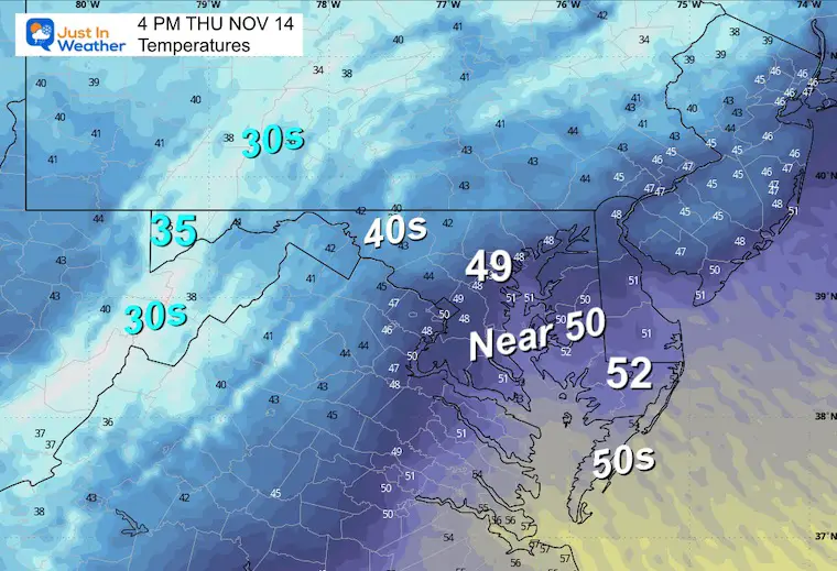 November 13 weather forecast temperatures Thursday morning