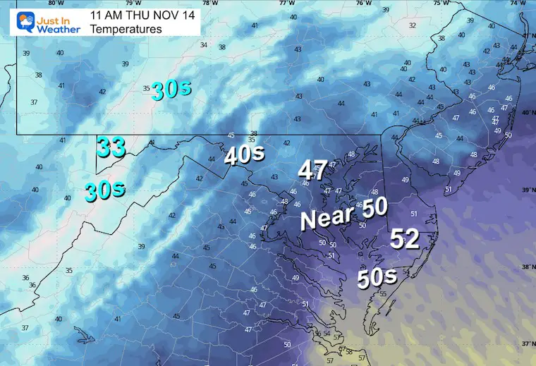 November 13 weather forecast temperatures Thursday morning