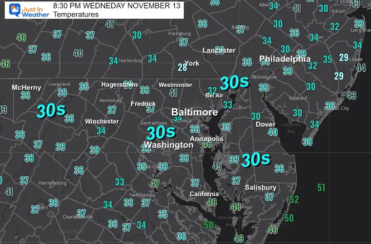 November 13 weather temperatures Wednesday night