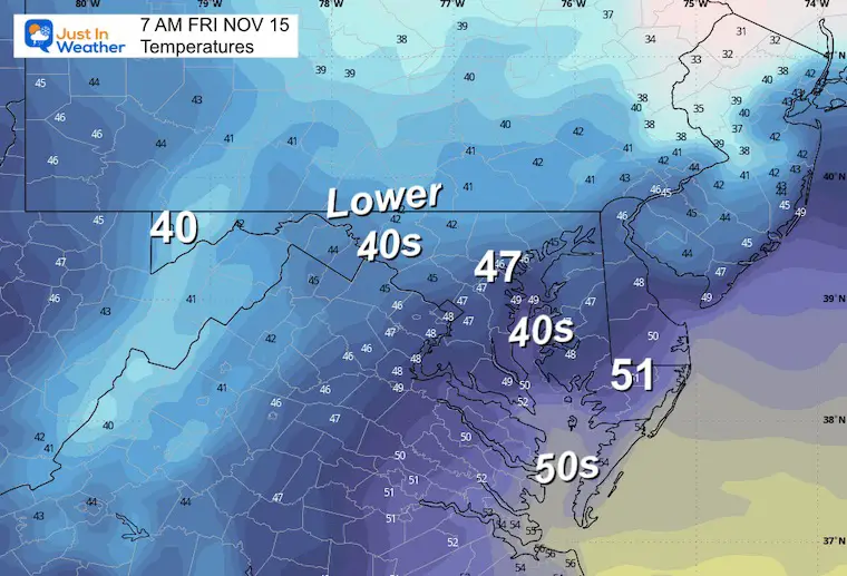 November 14 weather temperatures Friday morning