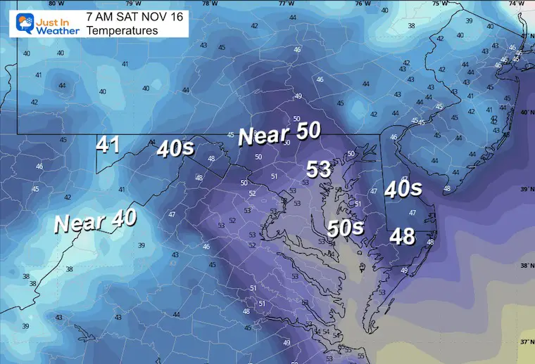 November 15 weather temperatures Saturday morning