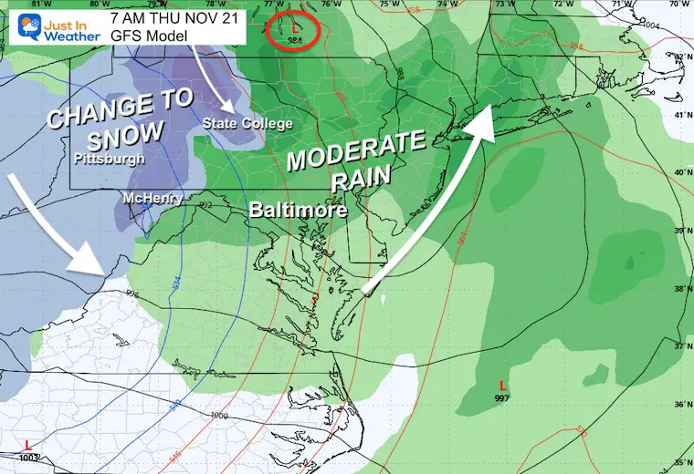 November 16 weather forecast Thursday rain snow