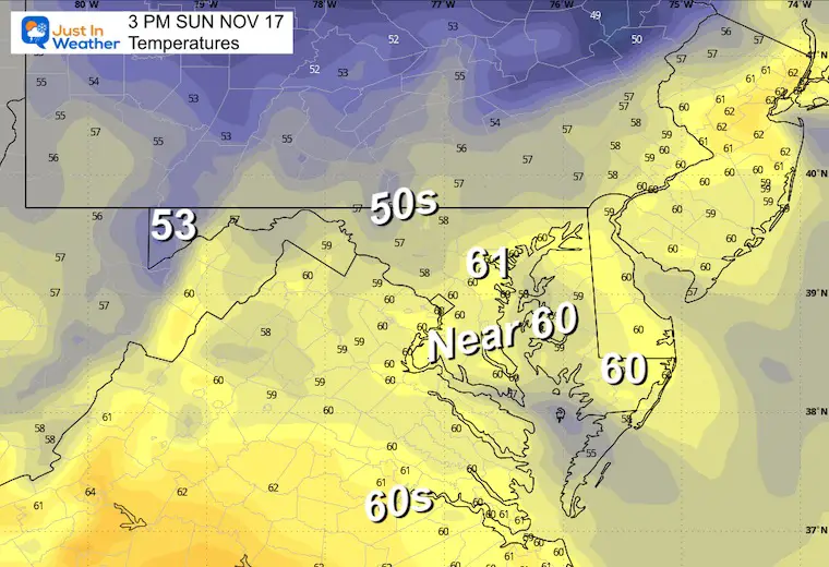 November 16 weather temperatures Sunday afternoon