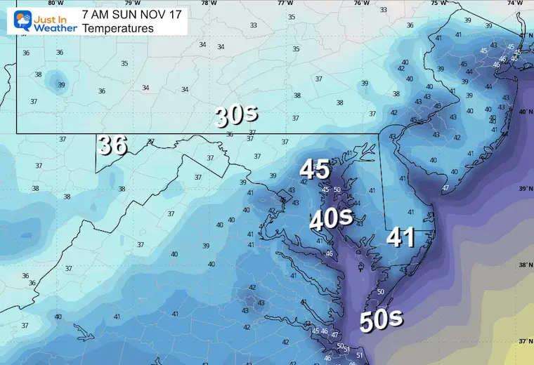 November 16 weather temperatures Sunday morning