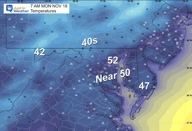 November 17 weather temperatures forecast Monday morning