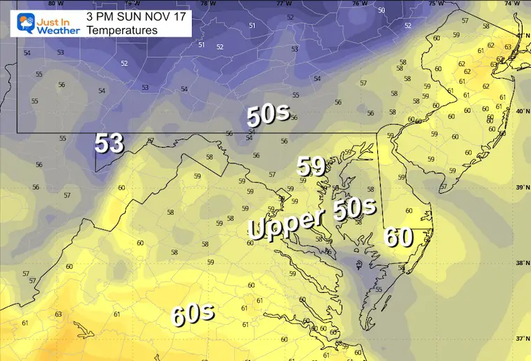 November 17 weather temperatures forecast Sunday afternoon