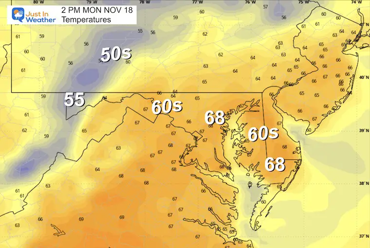 November 18 weather temperatures Monday afternoon