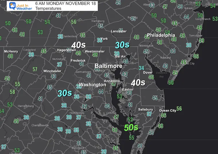 November 18 weather temperatures Monday morning