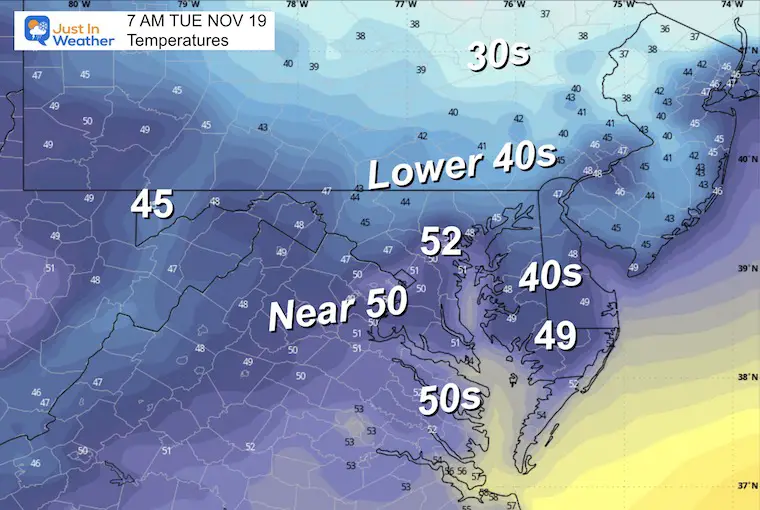 November 18 weather temperatures Tuesday morning