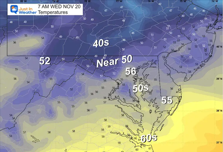 November 19 weather temperatures Wednesday morning