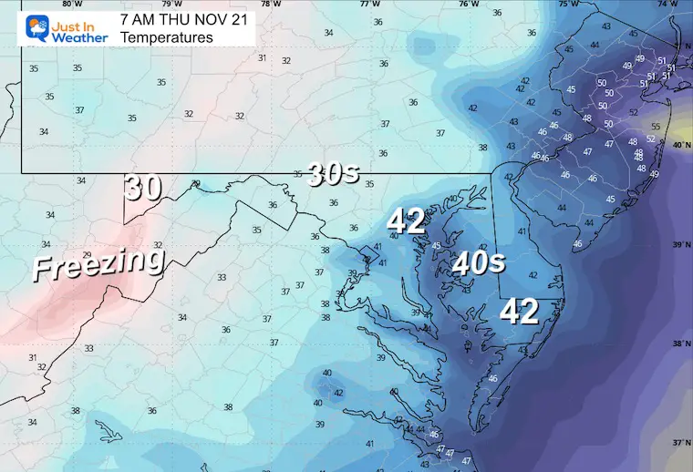 November 20 weather temperatures Thursday morning