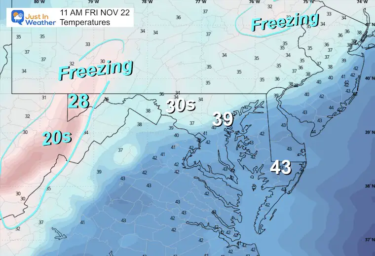 November 21 weather forecast temperatures Friday 11 AM