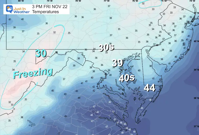 November 21 weather forecast temperatures Friday afternoon