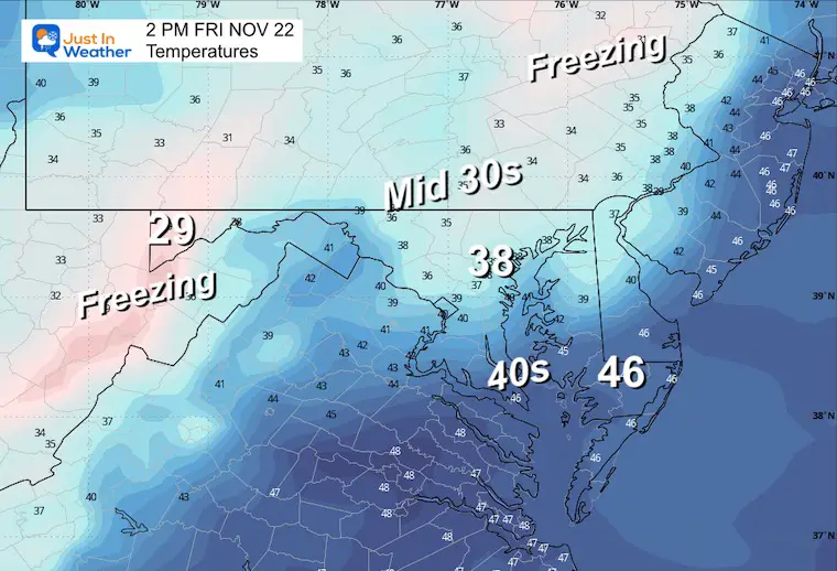 November 21 weather temperatures Friday afternoon