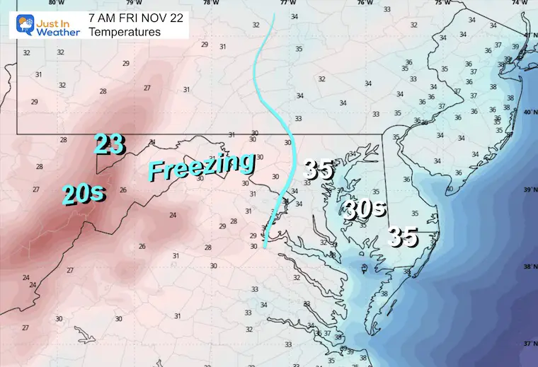 November 21 weather forecast temperatures Friday morning