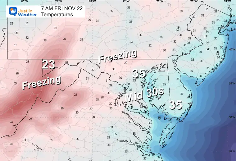 November 21 weather temperatures Friday morning