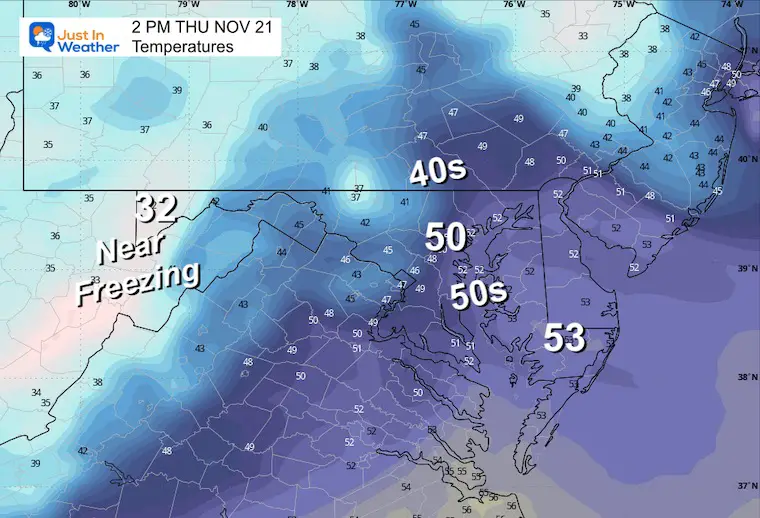 November 21 weather temperatures Thursday afternoon