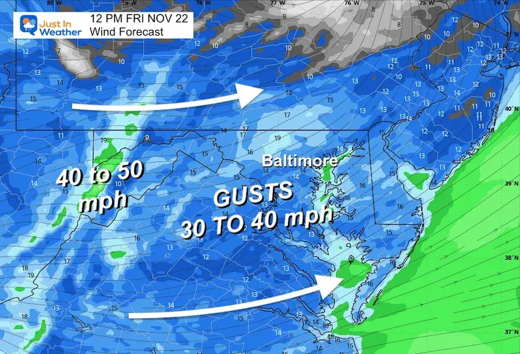 November 21 weather wind forecast Friday noon