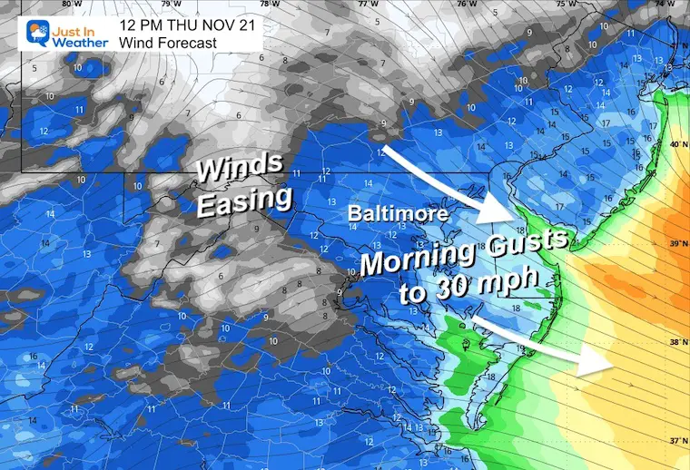 November 21 weather wind forecast Thursday noon