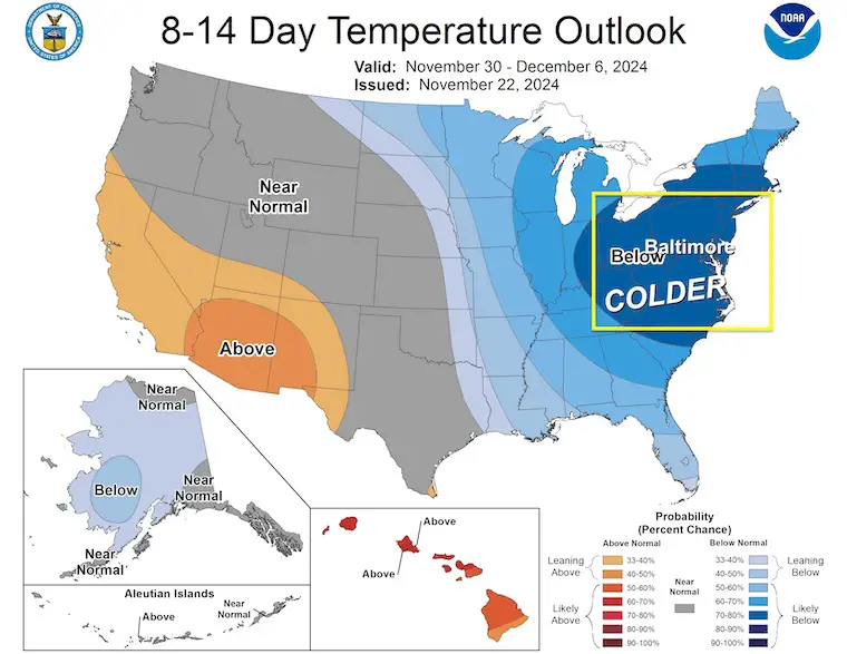 November 24 weather cold outlook NOAA December day 14