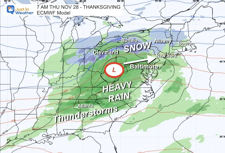 November 24 weather storm rain snow Thanksgiving Thursday morning