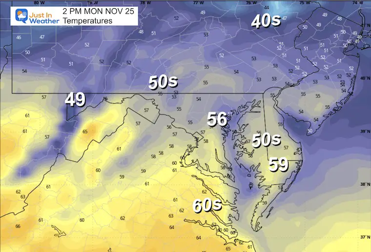 November 24 weather forecast temperatures Monday afternoon