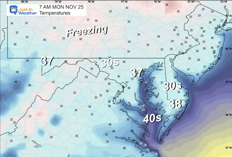 November 24 weather forecast temperatures Monday morning