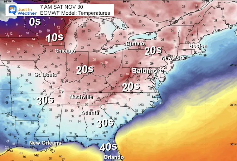 November 24 weather temperatures Thanksgiving Saturday morning