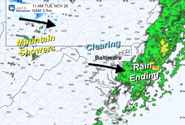 November 25 weather forecast rain radar Tuesday late morning