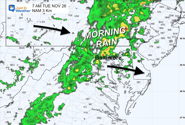 November 25 weather forecast rain radar Tuesday morning