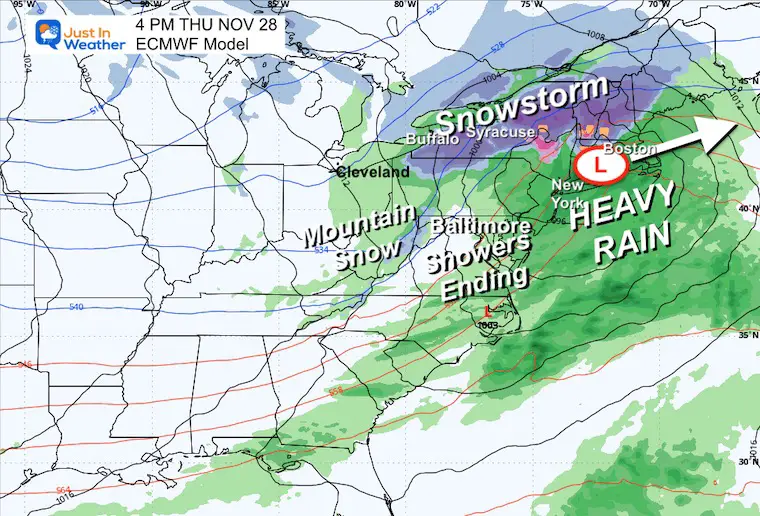 November 25 weather Thanksgiving storm rain snow Thursday afternoon